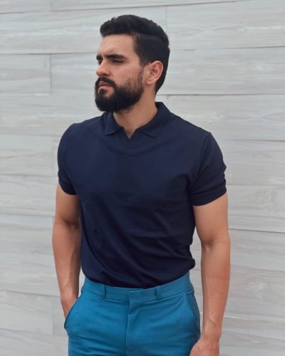 Camisa gola polo suedine gola V Azul Marinho 02